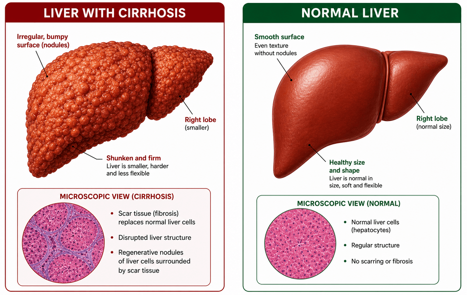 Educational comparison of cirrhotic liver and normal liver for liver cirrhosis treatment consultation